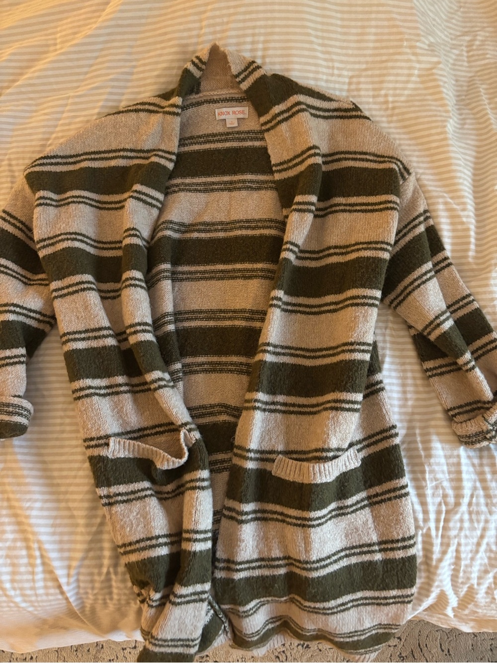 Knox Rose Olive & Cream Striped Open-Front Cardigan